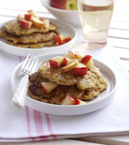 Apple and Buttermilk Oat Blinis with Spiced Apple Agave Syrup